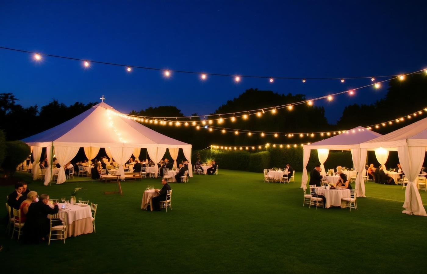 Party lawn lit with festoon lights